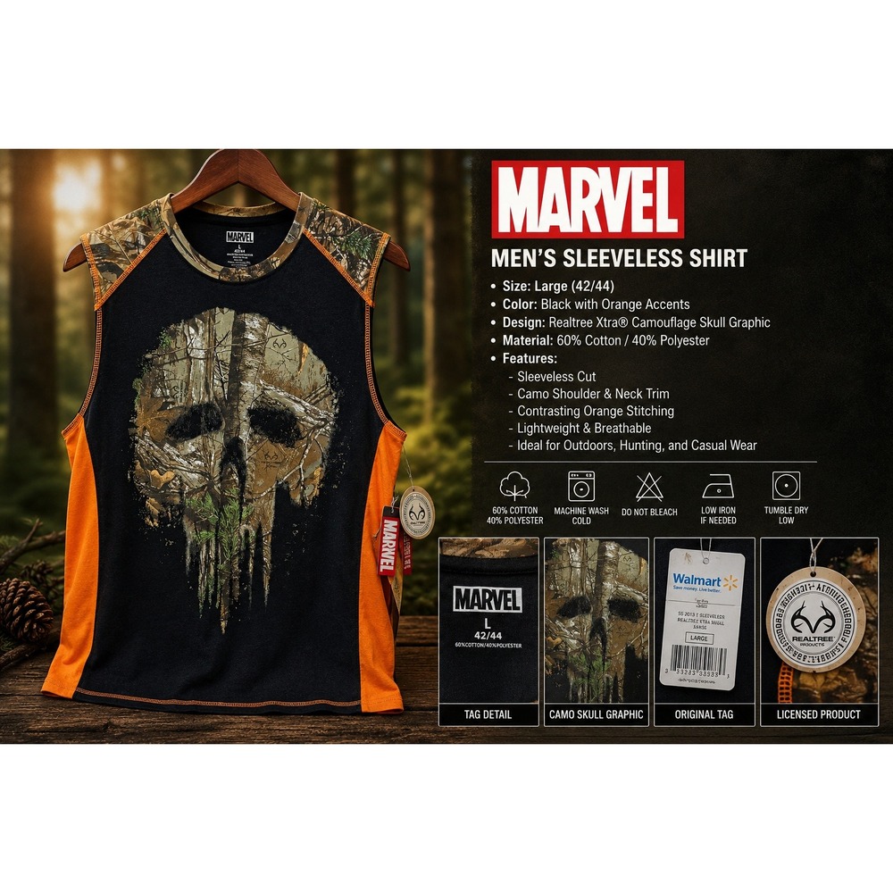 Marvel Punisher Tank Top Mens Large Realtree Camo Skull Orange Black Sleeveless